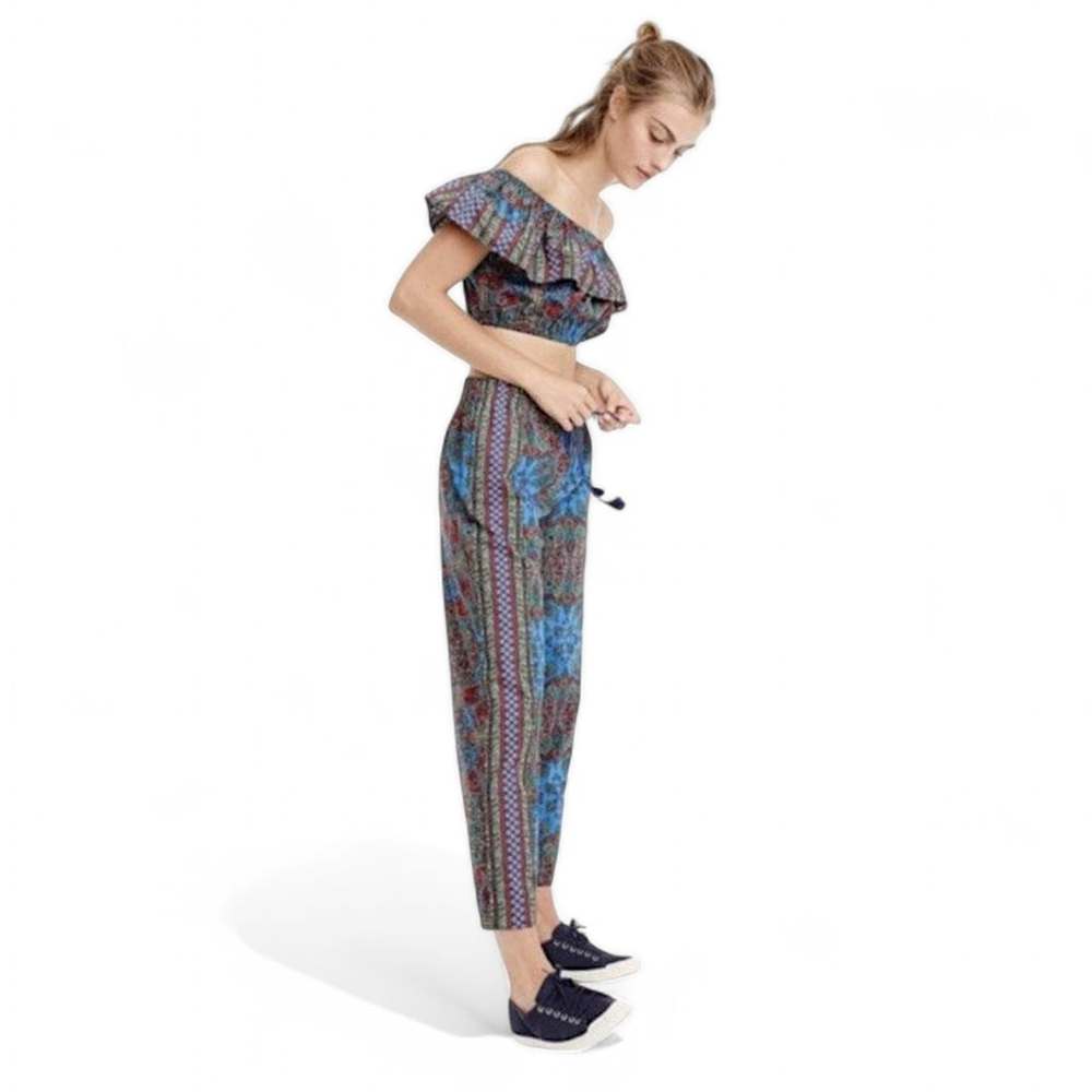 J. Crew Cropped Multi Print Ruffled Top & Pull On Wide Leg Pant Set Womens Sz M